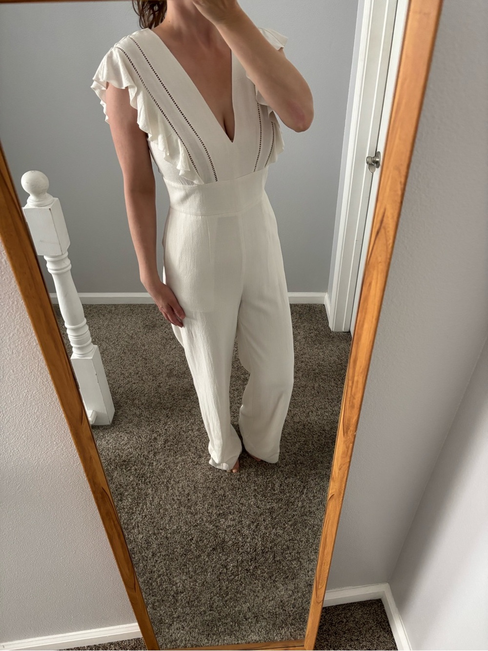 Cream V-Neck Ruffle Sleeve Jumpsuit